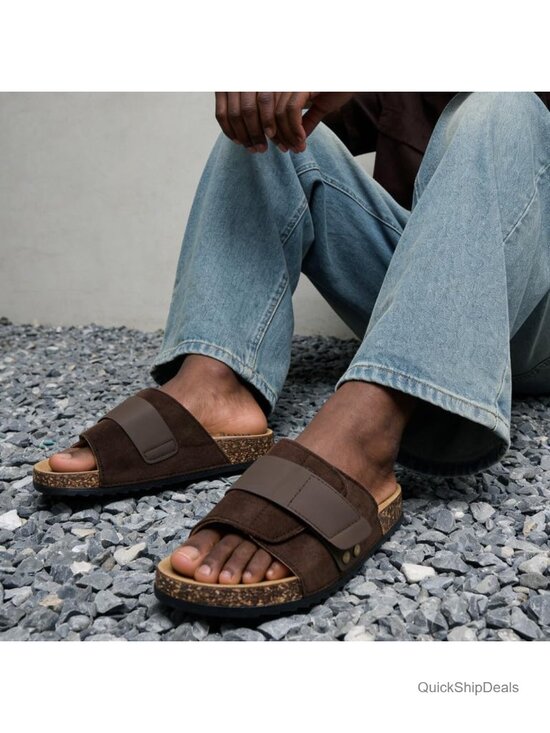 Flat Slides With Memory Foam Cork Footbed, Adjustable Strap